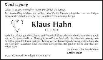 Traueranzeige von Klaus Hahn von Echo-Zeitungen (Gesamtausgabe)