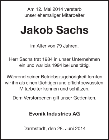 Traueranzeige von Jakob Sachs von Echo-Zeitungen (Gesamtausgabe)