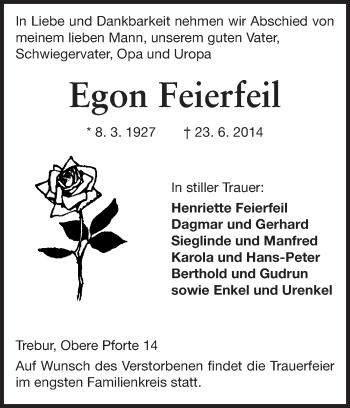 Traueranzeige von Egon Feierfeil von Rüsselsheimer Echo, Groß-Gerauer-Echo, Ried Echo
