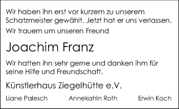 Traueranzeige von Joachim Franz von Echo-Zeitungen (Gesamtausgabe)