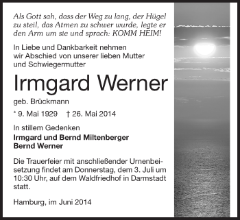 Traueranzeige von Irmgard Werner von Echo-Zeitungen (Gesamtausgabe)