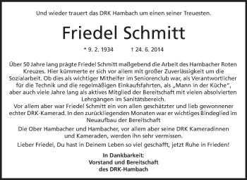 Traueranzeige von Friedel Schmitt von Starkenburger Echo