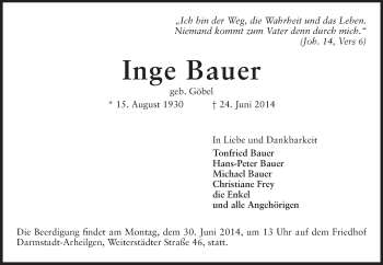 Traueranzeige von Inge Bauer von Echo-Zeitungen (Gesamtausgabe)