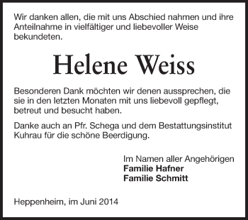 Traueranzeige von Helene Weis von Starkenburger Echo