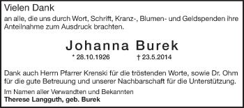 Traueranzeige von Johanna Burek von Echo-Zeitungen (Gesamtausgabe)