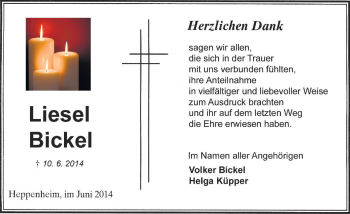 Traueranzeige von Liesel Bickel von Starkenburger Echo