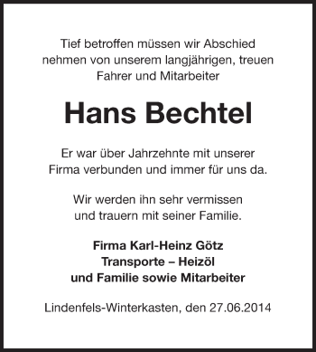 Traueranzeige von Hans Bechtel von Echo-Zeitungen (Gesamtausgabe)