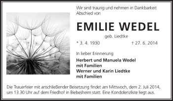 Traueranzeige von Emilie Wedel von Rüsselsheimer Echo, Groß-Gerauer-Echo, Ried Echo