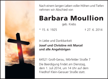 Traueranzeige von Barbara Moullion von Rüsselsheimer Echo, Groß-Gerauer-Echo, Ried Echo