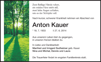 Traueranzeige von Anton Kauer von Rüsselsheimer Echo, Groß-Gerauer-Echo, Ried Echo