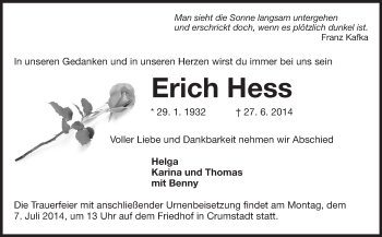 Traueranzeige von Erich Hess von Echo-Zeitungen (Gesamtausgabe)