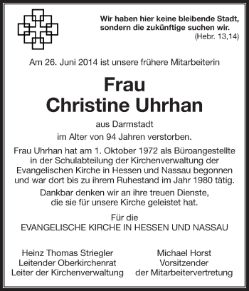 Traueranzeige von Christine Uhrhan von Echo-Zeitungen (Gesamtausgabe)