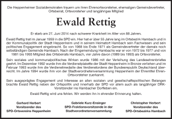 Traueranzeige von Ewald Rettig von Starkenburger Echo