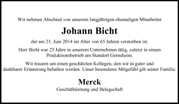 Traueranzeige von Johann Bicht von Rüsselsheimer Echo, Groß-Gerauer-Echo, Ried Echo