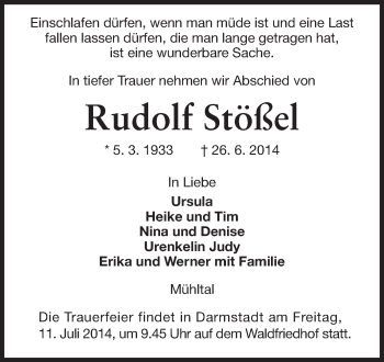 Traueranzeige von Rudolf Stößel von Echo-Zeitungen (Gesamtausgabe)
