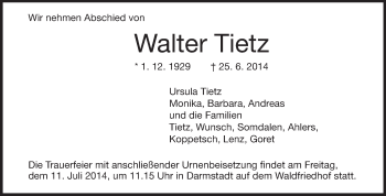 Traueranzeige von Walter Tietz von Echo-Zeitungen (Gesamtausgabe)