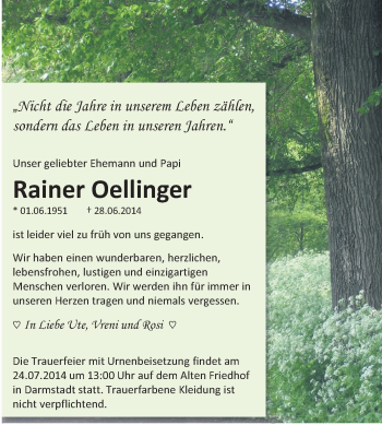 Traueranzeige von Rainer Oellinger von Echo-Zeitungen (Gesamtausgabe)
