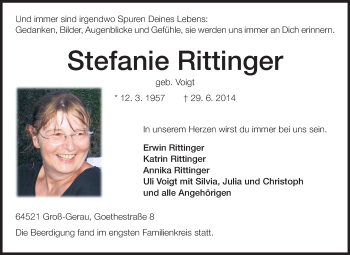Traueranzeige von Stefanie Rittinger von Rüsselsheimer Echo, Groß-Gerauer-Echo, Ried Echo