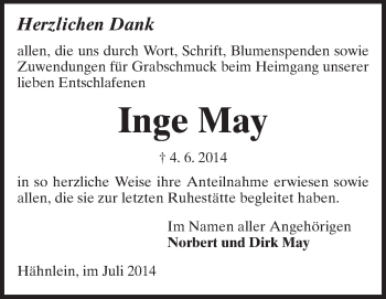 Traueranzeige von Inge May von Echo-Zeitungen (Gesamtausgabe)