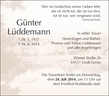 Traueranzeige von Günter Lüddemann von Rüsselsheimer Echo, Groß-Gerauer-Echo, Ried Echo