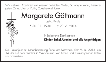 Traueranzeige von Margarete Göttmann von Odenwälder Echo
