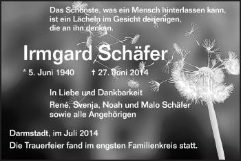 Traueranzeige von Irmgard Schäfer von Echo-Zeitungen (Gesamtausgabe)