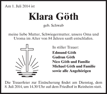 Traueranzeige von Klara Göth von Echo-Zeitungen (Gesamtausgabe)
