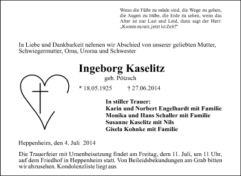Traueranzeige von Ingeborg Kaselitz von Starkenburger Echo