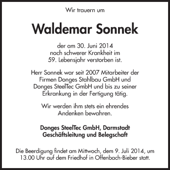 Traueranzeige von Waldemar Sonnek von Echo-Zeitungen (Gesamtausgabe)