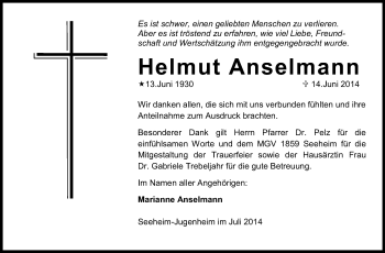 Traueranzeige von Helmut Anselmann von Echo-Zeitungen (Gesamtausgabe)