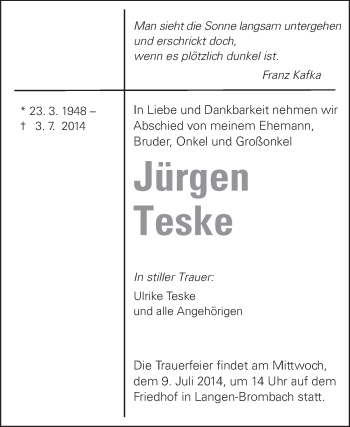Traueranzeige von Jürgen Teske von Odenwälder Echo