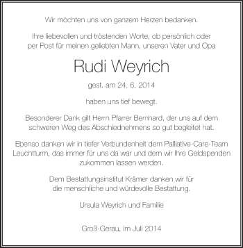 Traueranzeige von Rudi Weyrich von Rüsselsheimer Echo, Groß-Gerauer-Echo, Ried Echo