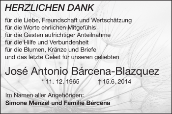 Traueranzeige von Jose Antonio Barcena-Blazquez von Echo-Zeitungen (Gesamtausgabe)