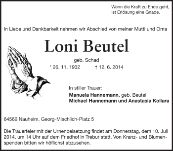 Traueranzeige von Loni Beutel von Rüsselsheimer Echo, Groß-Gerauer-Echo, Ried Echo