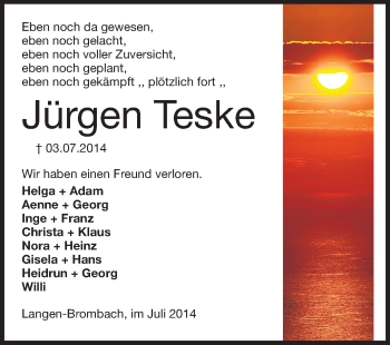 Traueranzeige von Jürgen Teske von Odenwälder Echo