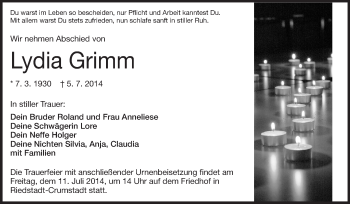 Traueranzeige von Lydia Grimm von Rüsselsheimer Echo, Groß-Gerauer-Echo, Ried Echo