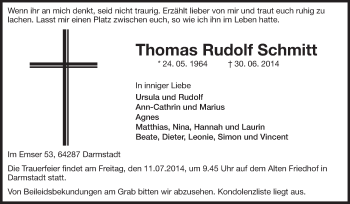 Traueranzeige von Thomas Rudolf Schmitt von Echo-Zeitungen (Gesamtausgabe)