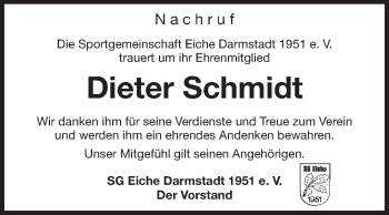 Traueranzeige von Dieter Schmidt von Echo-Zeitungen (Gesamtausgabe)