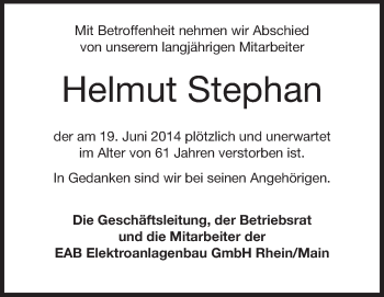 Traueranzeige von Helmut Stephan von Echo-Zeitungen (Gesamtausgabe)