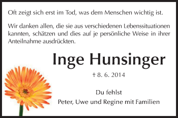 Traueranzeige von Inge Hunsinger von Echo-Zeitungen (Gesamtausgabe)