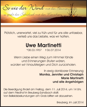 Traueranzeige von Uwe Martinetti von Odenwälder Echo