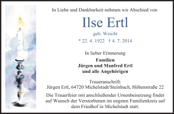 Traueranzeige von Ilse Ertl von Odenwälder Echo