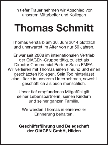Traueranzeige von Thomas Schmitt von Echo-Zeitungen (Gesamtausgabe)