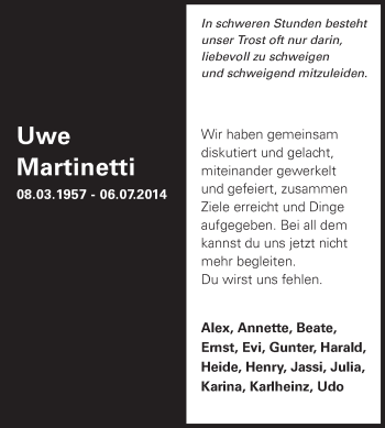Traueranzeige von Uwe Martinetti von Odenwälder Echo