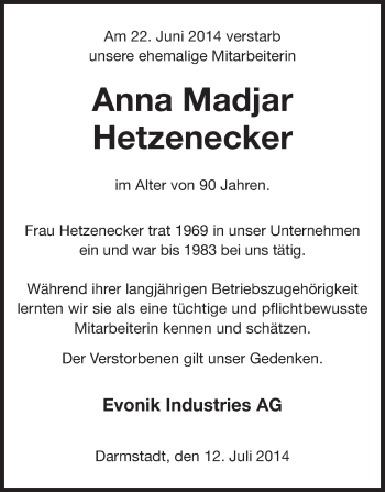 Traueranzeige von Anna Madjar Hetzenecker von Echo-Zeitungen (Gesamtausgabe)