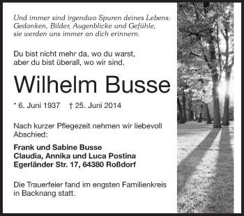 Traueranzeige von Wilhelm Busse von Echo-Zeitungen (Gesamtausgabe)