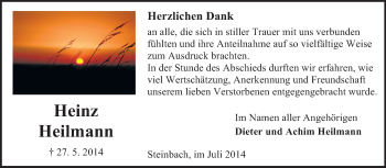 Traueranzeige von Heinz Heilmann von Odenwälder Echo