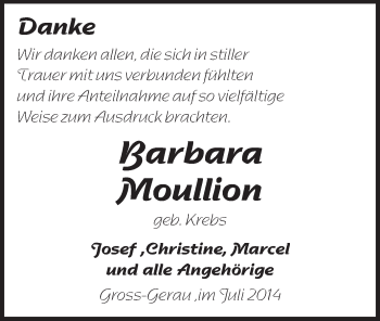 Traueranzeige von Barbara Moullion von Rüsselsheimer Echo, Groß-Gerauer-Echo, Ried Echo