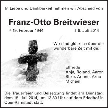 Traueranzeige von Franz-Otto Breitwieser von Darmstädter Echo, Odenwälder Echo, Rüsselsheimer Echo, Groß-Gerauer-Echo, Ried Echo