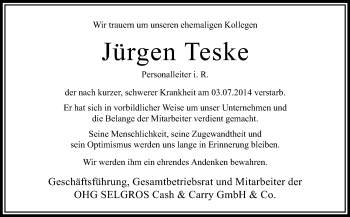 Traueranzeige von Jürgen Teske von Odenwälder Echo
